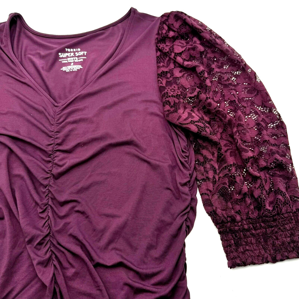 TORRID 2X Super Soft Knit Plum Purple Mini Dress Floral Lace Sleeves Ruched Sexy